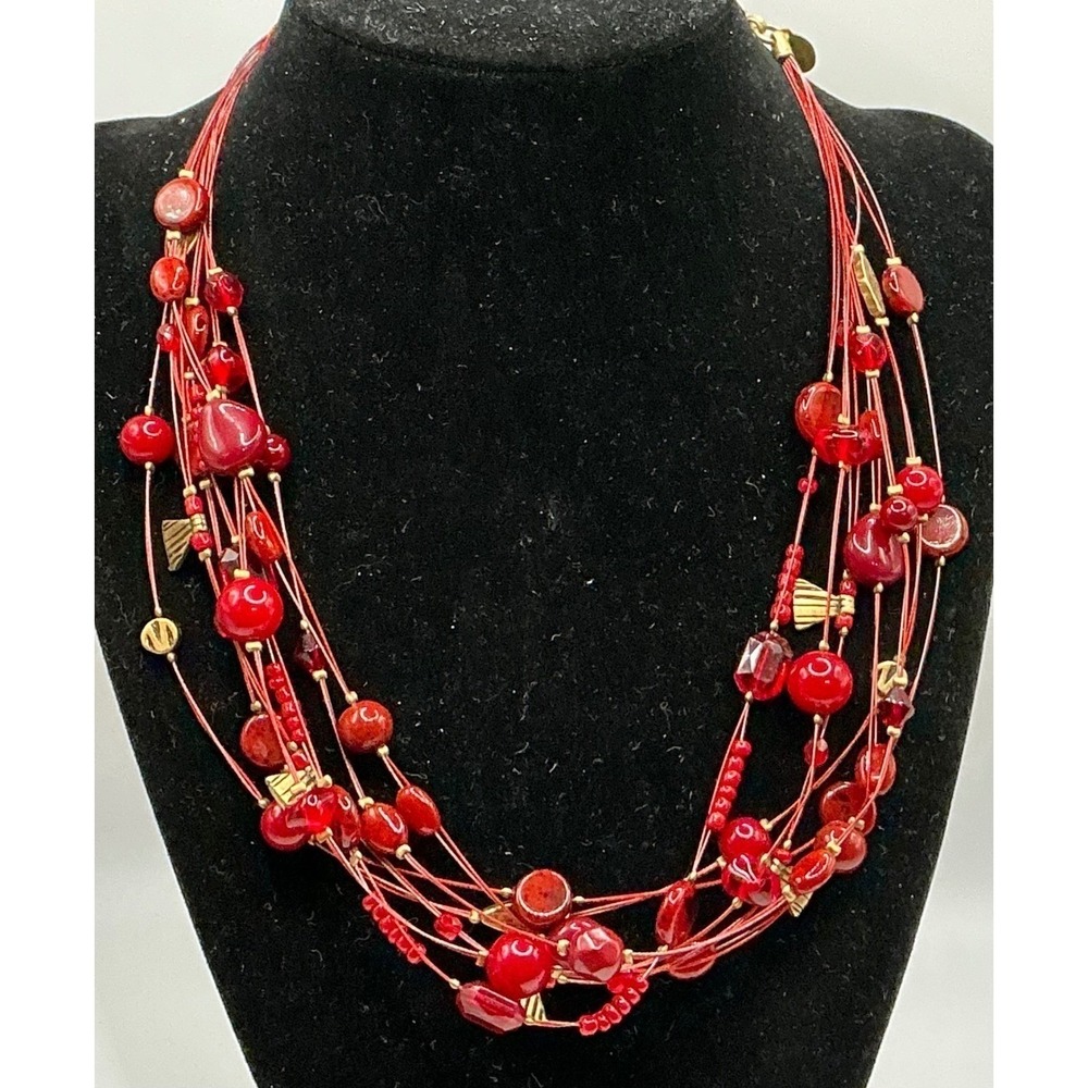 Chicos Red Beaded Layered Statement Necklace Gold Tone Clasp Valentine Day Gift